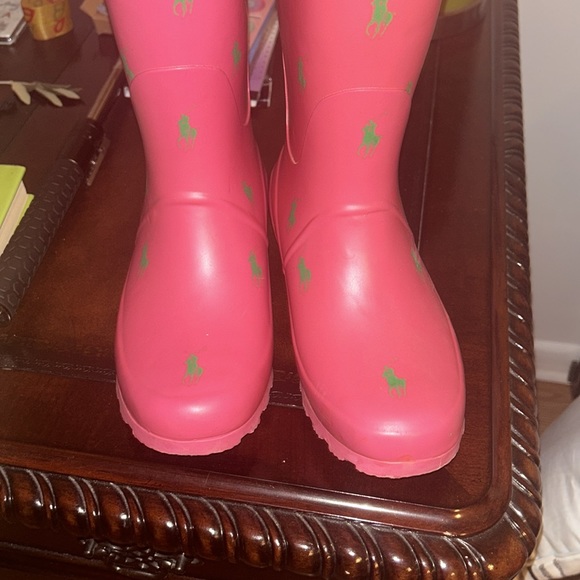 *RARE* Polo Ralph Lauren Pink Rain Boots Green Polo Horse Logo Size 8 - Picture 3 of 4